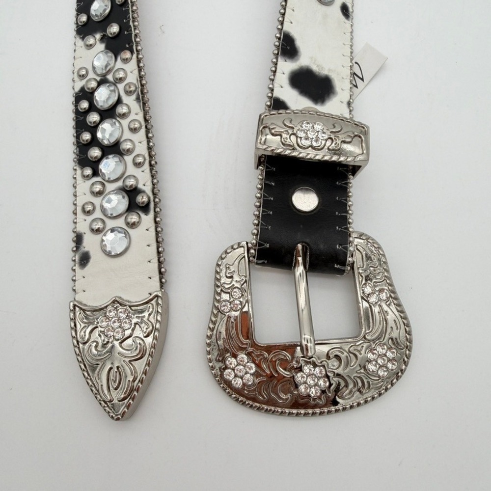 BHW 1372 Genuine Leather Cow Print Rhinestone Western Belt XS 23-27 - Picture 2 of 6